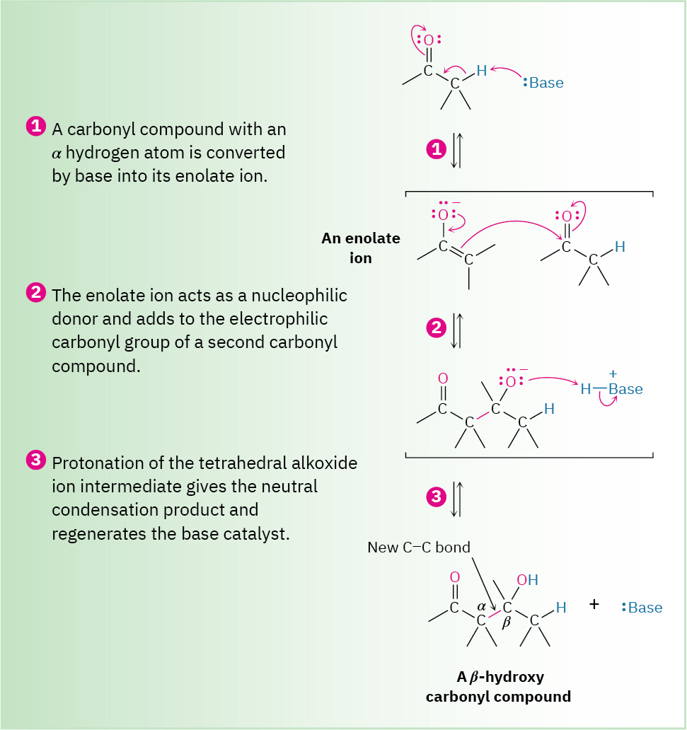 The three-step reaction is involved in the formation of beta-hydroxy carbonyl compound on the reaction of a carbonyl compound with base.