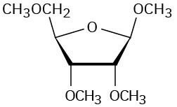 Beta-D-Ribofuranose reacts with iodomethane in the presence of silver oxide to form beta-D-ribofuranose tetramethyl ether in which the hydrogens of the hydroxyl groups are replaced by C H 3 groups