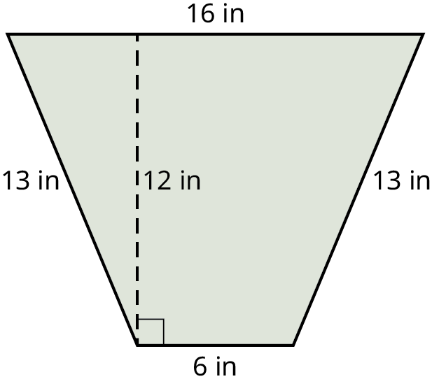 A trapezoid with its top and bottom sides marked 16 inches and 6 inches. The left and right sides are marked 13 inches. The height is marked 12 inches.