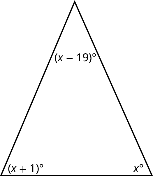 A triangle with its angles marked x degrees, (x plus 1) degrees, and (x minus 19) degrees.