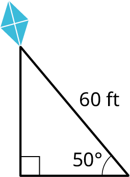 A right triangle. A kite is placed at the top of the triangle. The hypotenuse measures 60 feet. The angle made by the hypotenuse and the horizontal leg measures 50 degrees.