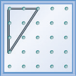 The figure shows a grid of evenly spaced pegs. There are 5 columns and 5 rows of pegs. A rubber band is stretched between the peg in column 1, row 1, the peg in column 1, row 4 and the peg in column 3, row 1, forming a right triangle. The 1, 1 peg forms the vertex of the 90 degree angle and the line from the 1, 4 peg to the 3, 1 peg forms the hypotenuse of the triangle.