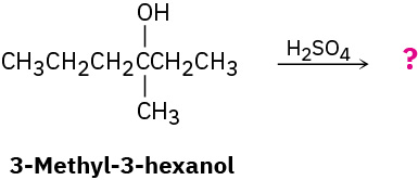 In an incomplete reaction, 3-methyl-3-hexanol reacts with sulfuric acid to form unknown product(s), depicted by a question mark.