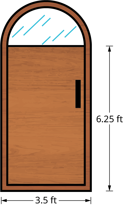A door resembles a semicircle placed on top of a rectangle. The length and width of the rectangle are 6.25 feet and 3.5 feet. The diameter of the semicircle is 3.5 feet.