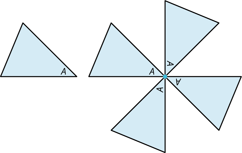 A triangle with one of its vertices labeled A. A pattern is made of connecting one of the vertices of four triangles. In each triangle, the connected vertices are labeled A.