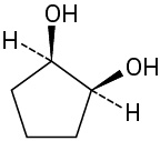 In a cyclopentane ring, C1 and C2 are each wedge bonded to a hydroxyl group and dash bonded to a hydrogen atom.