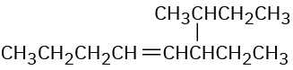 A condensed structural formula for an eight-carbon chain that (counting from left) has a double bond at fourth carbon and a sec butyl group at sixth carbon.
