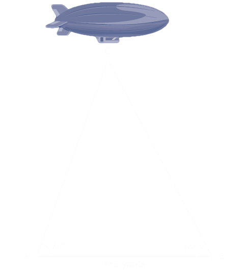 An oblique triangle formed from three vertices A, B, and C. Verticies A and B are points on the ground, and vertex C is the blimp in the air between them. The distance between A and B is 145 yards. The angle at vertex A is 70 degrees, and the angle at vertex B is 62 degrees.