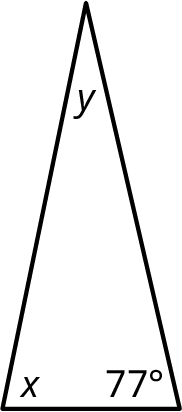 A triangle with its interior angles marked x, y, and 77 degrees.
