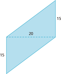 A geometric shape is shown. It is formed by two triangles. The shared base of the two triangles is labeled 20. The height of each triangle is labeled 15.