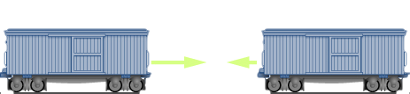 Two train cars are shown moving toward each other. The car on the left is moving with v sub i 1 equals 0.30 meters per second i hat to the right, and the car on the right is moving with v sub i 2 equals -0.12 meters per second i hat to the left.