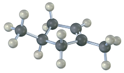The ball-and-stick model of a cyclopentene ring. C1 and C4 are each bonded to a methyl group. The black and gray spheres represent carbon and hydrogen, respectively.