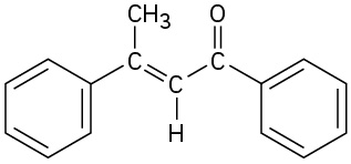 The structure of 1,3-diphenylbut-2-en-1-one shows a four-carbon membered conjugated enone. Two phenyl groups are positioned on the first and third carbon atoms. The second and third carbons are double-bonded.