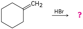 Methylenecyclohexane reacts with hydrogen bromide to form an unknown product(s), depicted by a question mark.