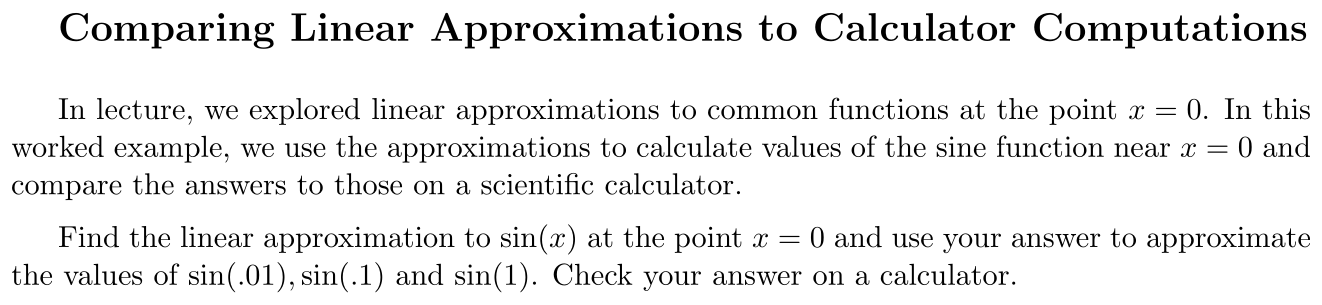 Problem Comparing Linear Approximations to Calculator Computations