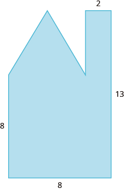 A geometric shape is shown. It is a rectangle with a triangle and another rectangle attached. The left side is labeled 8, the bottom is 8, the right side is 13, and the width of the smaller rectangle is 2.