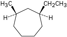 In a cycloheptane ring, C1 is wedge bonded to ethyl and dash bonded to hydrogen. C3 is wedge bonded to methyl and dash bonded to hydrogen.