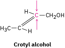 The structure of crotyl alcohol. Two arrows, one from the top and other from the bottom, point toward the central carbon.