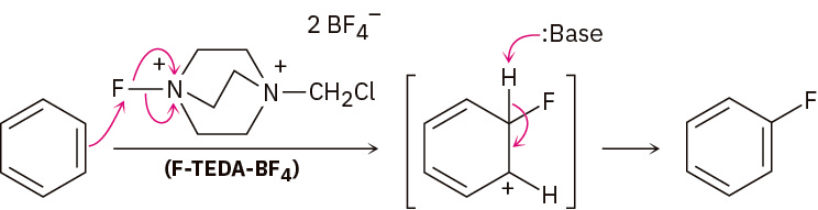 Two-step reaction shows benzene reacting with F-T E D A-B F 4. Cation intermediate (fluorine on s p 3 carbon adjacent to carbocation) is deprotonated by base to fluorobenzene.