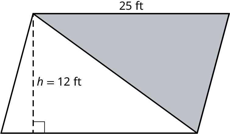 A parallelogram with a diagonal running from the top-left vertex to the bottom-right vertex. The region above the diagonal is shaded. The length and height of the parallelogram measure 25 feet and h equals 12 feet.