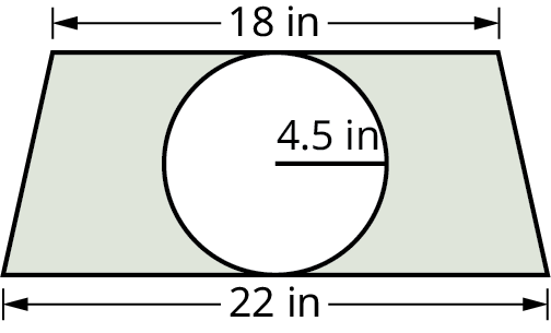A circle is drawn with a trapezoid. The top and bottom bases of the trapezoid measure 18 inches and 22 inches. The radius of the circle is marked 4.5 inches. The circle touches the top and bottom bases of the trapezoid. The region outside the circle is shaded.