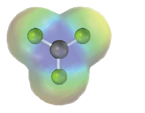 The electrostatic potential map of B F 3 shows a ball-and-stick model at the center, in which gray and green spheres represent boron and fluorine atoms, respectively.