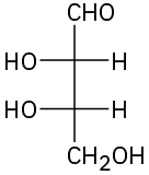The structure of L-erythrose which is a tetrose saccharide part of the aldose family.