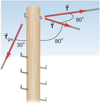 Figure shows a pole to which two forces T and force Tgw are applied. There is a 90 degree angle between two T forces. There is an 80 degree angle between the plane T forces are applied anf the pole. There is a 30 degree angle between Tgw and the pole.