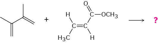 Four-carbon chain with methyl groups at C 2 and C 3 reacts with 4-carbon chain in which C 1 is acetate group, C 2 is double bonded to C 3. Question mark represents the product.