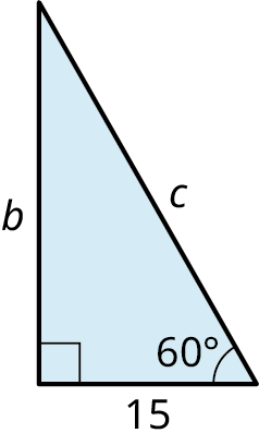 A right triangle with its legs marked b and 15. The hypotenuse is marked c. The angles at the bottom-left and bottom-right are labeled 90 degrees and 60 degrees.