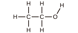A structural formula is shown. An oxygen atom is bonded to two carbon atoms with single bonds. Each carbon atom is bonded to three hydrogen atoms with single bonds. There are a total of two carbon atoms, six hydrogen atoms, and one oxygen atom.