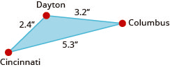 The figure is a triangle formed by Cincinnati, Dayton, and Columbus. The distance between Cincinnati and Dayton is 2.4 inches. The distance between Dayton and Columbus is 3.2 inches. The distance between Columbus and Cincinnati is 5.3 inches.