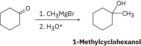 Cyclohexanone reacts first with methylmagnesium bromide, then hydronium, to produce 1-methylcyclohexanol.