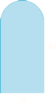 A geometric shape is shown. It is a rectangle with a semi-circle attached to the top. The base of the rectangle, also the diameter of the semi-circle, is labeled 10. The height of the rectangle is labeled 16.
