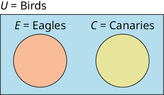 A two-set Venn diagram not intersecting one another is given. Outside the Venn diagram, 'U equals Birds' is labeled. The first set is labeled E equals Eagles while the second set is labeled C equals the Canaries.