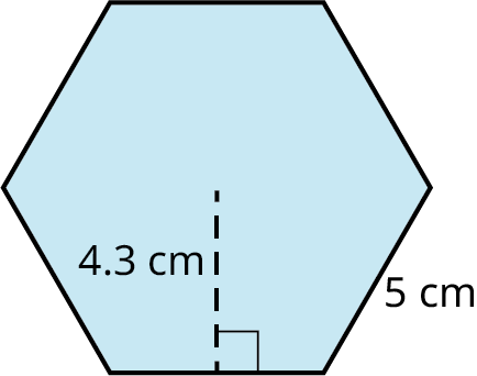 A hexagon. Each side measures 5 centimeters. The apothem is marked 4.3 centimeters.