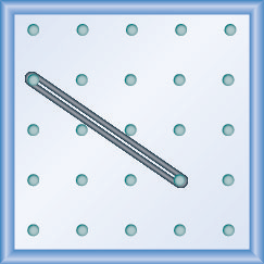 The figure shows a grid of evenly spaced pegs. There are 5 columns and 5 rows of pegs. A rubber band is stretched between the peg in column 1, row 2 and the peg in column 4, row 4, forming a line.