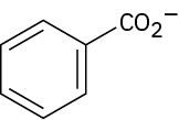 The chemical structure of benzoate anion where a carboxylate group COO- is attached to a benzene ring.
