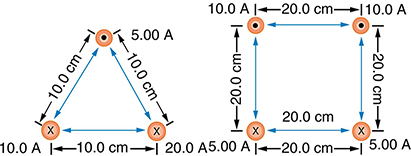 Figure a shows the cross sections of three wires that are parallel to each other and arranged in an equilateral triangle. The bottom left wire has current of ten point zero amps into the page. The bottom right wire has a current of twenty point zero amps also into the page. The wire at the top of the triangle has current five point zero amps out of the page. The triangle that the wires make with each other is ten point zero centimeters on each side. Figure b shows four parallel wires arranged in a square that is twenty point zero centimeters on a side. The top two wires have current of ten point zero amps out of the page. The bottom two wires have current of five point zero amps into the page.