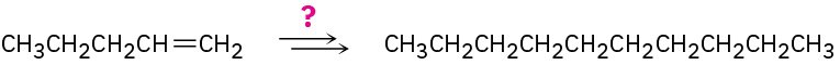 Pent-1-ene reacts with an unknown reactant represented by a question mark to form decane.