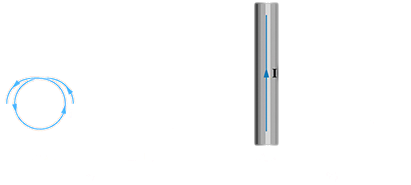 The first part of the figure shows two single loop coils. The coil one is held vertical with a current shown to flow in anti clockwise direction. The second coil, coil two is held horizontal. The two coils are shown to be held perpendicular to each other. The second image shows a wire held vertical carrying a current in upward direction. There is a single loop coil next to the wire held horizontal.
