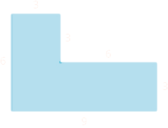 A geometric shape is shown. It is a vertical rectangle attached to a horizontal rectangle. The width of the vertical rectangle is 3, the left side is labeled 6, the bottom is labeled 9, and the width of the horizontal rectangle is labeled 3. The top of the horizontal rectangle is labeled 6, and the distance from the top of that rectangle to the top of the other rectangle is labeled 3.