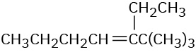 A condensed structural formula has a 7-carbon chain with a double bond between C3-C4. C1 and C3 are bonded to three methyl and one ethyl group, respectively.