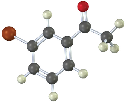A ball-and-stick model of benzyl ketone with a bromo group. Carbon, hydrogen, carbonyl group, and bromine group are indicated using grey, white, red, and reddish brown spheres.
