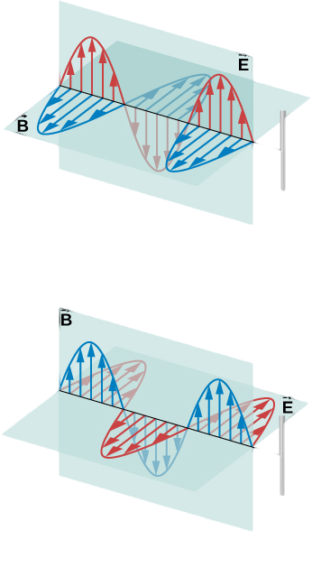 Figures a and b show electromagnetic waves with both electic and magnetic components. In figure a, the electric field is parallel to the wire and the magnetic field is perpendicular. In figure b, the magnetic field is parallel to the wire and the electric field is perpendicular.