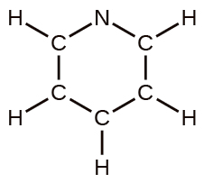 A Lewis structure depicts a hexagonal ring composed of five carbon atoms and one nitrogen atom. Each carbon atom is single bonded to a hydrogen atom.
