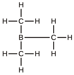 This Lewis structure is composed of a boron atom that is single bonded to three carbon atoms, each of which is single bonded to three hydrogen atoms.