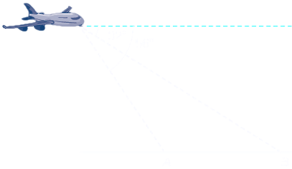 A triangle formed between the plane and two points on the ground, A and B. Side A B is the horizontal base. The plane is above and to the left of both A and B. Point B is to the right of point A. There is a dotted horizontal line going through the plane parallel to the ground. The angle formed between point B, the plane, and the dotted horizontal line is 32 degrees. The angle formed between point A, the plane, and the dotted horizontal line is 56 degrees.