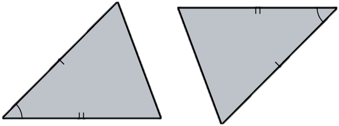 Two triangles. The bottom-left of the first triangle is congruent with the top-right angle of the second triangle. The left side of the first triangle is congruent with the right side of the second triangle. The bottom side of the first triangle is congruent with the top side of the second triangle.