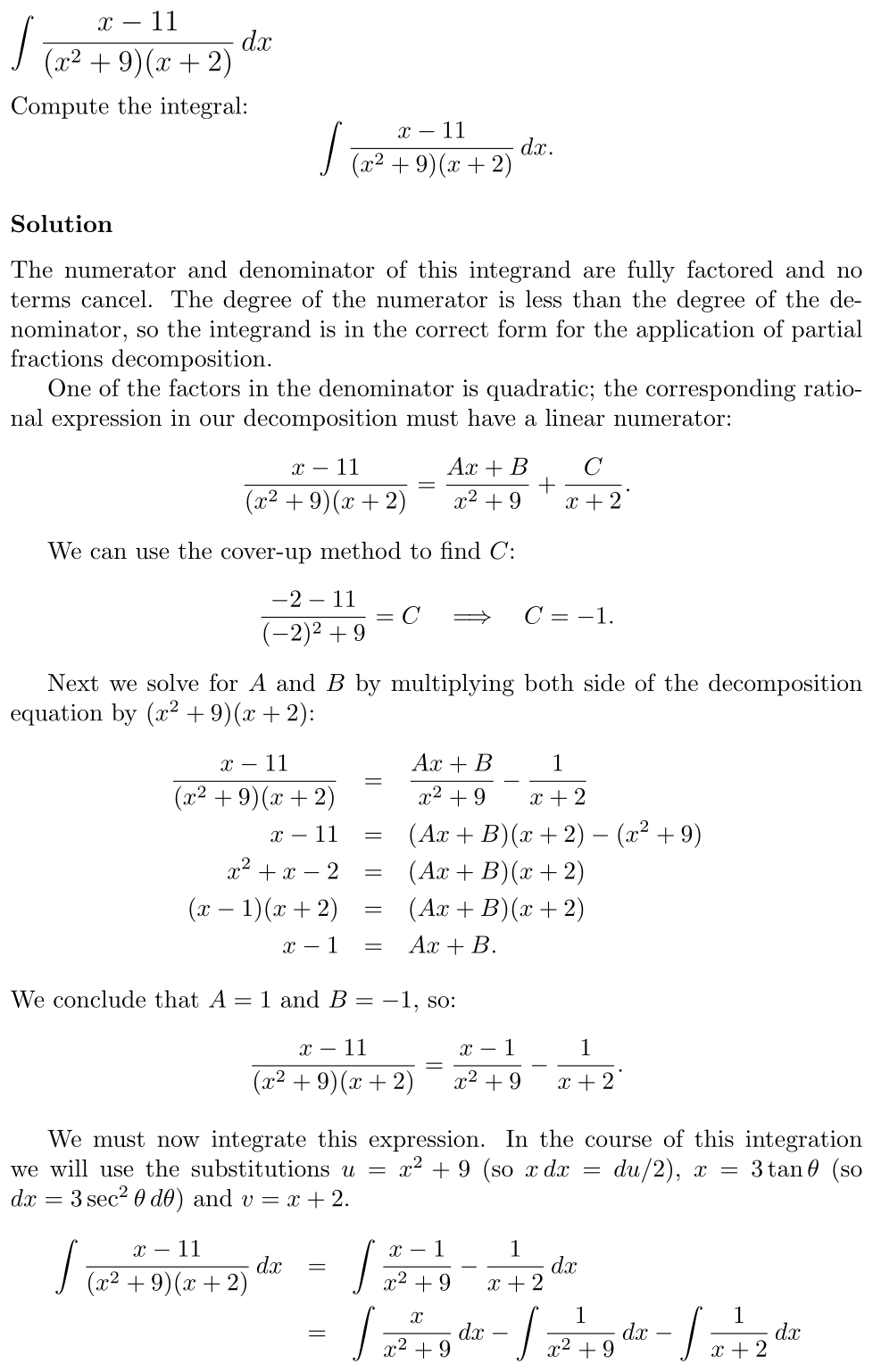 Answer ∫ (x − 11)/((x² + 9)(x + 2)) dx